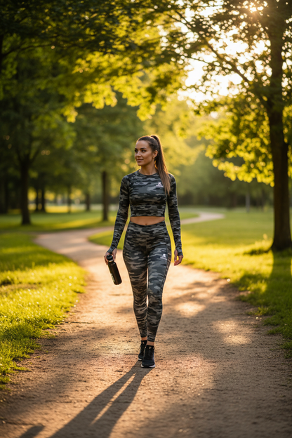 Ensemble Sport Camouflage Femme – Haut Manches Longues & Pantalon Fitness